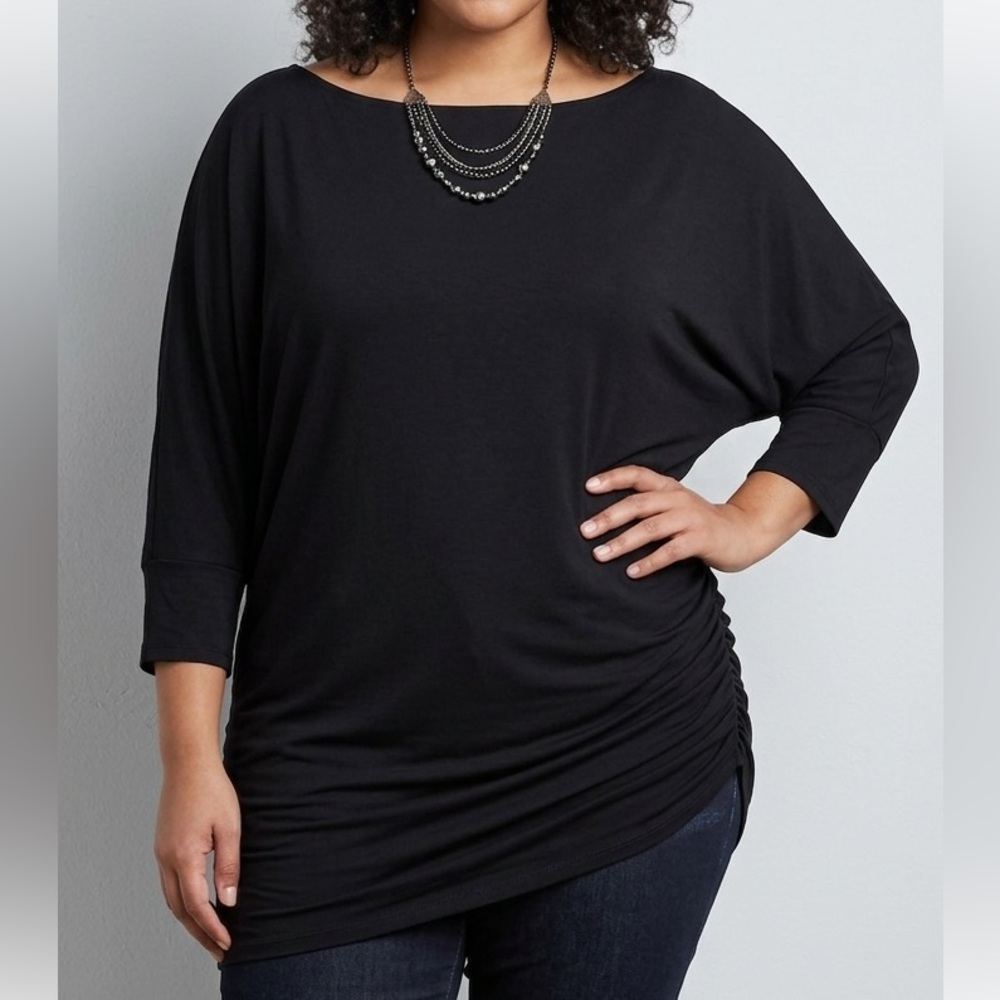 Kim & Cami Black Long Sleeve Ruched Top Boat Neck 1X